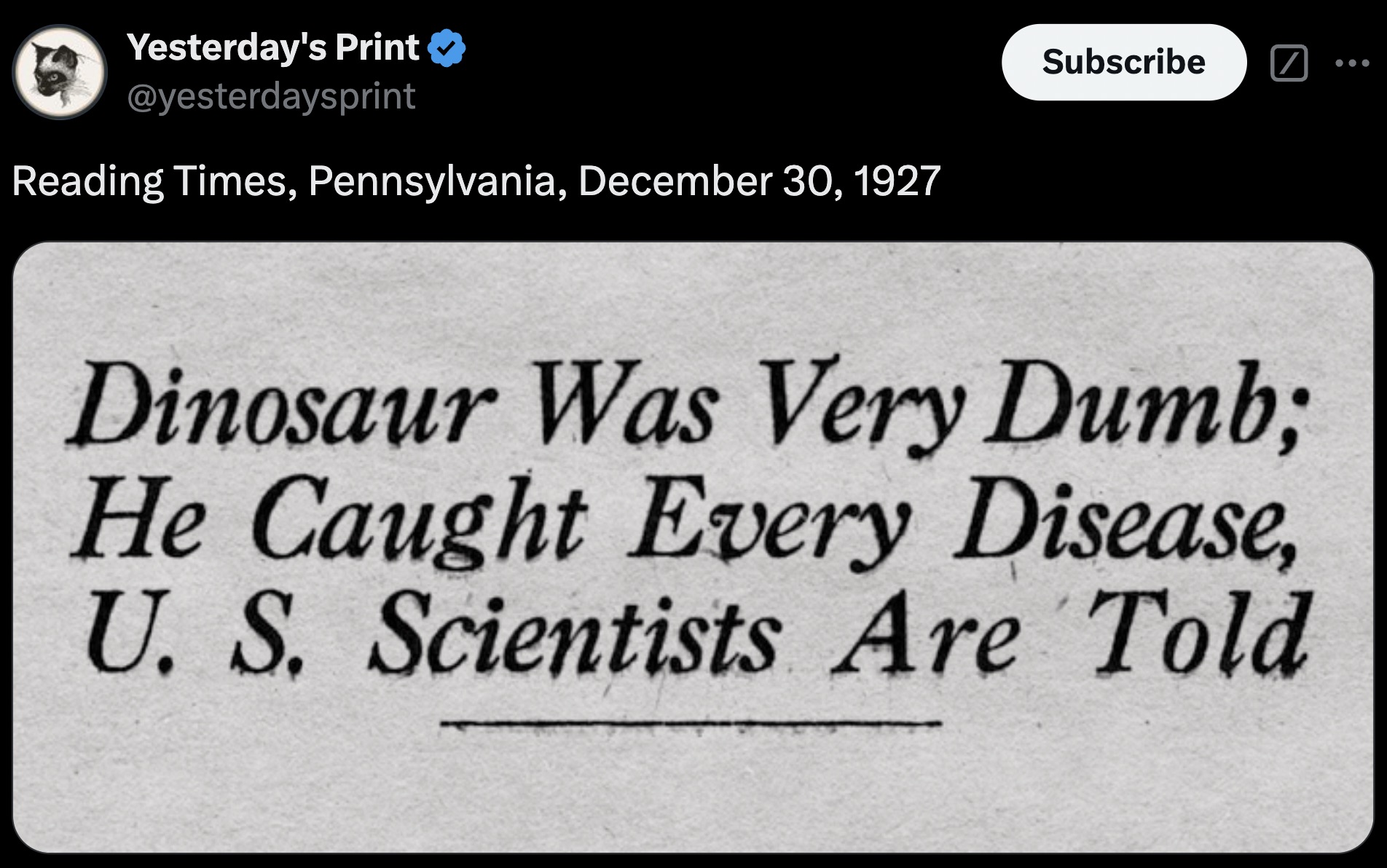 screenshot - Yesterday's Print Reading Times, Pennsylvania, Subscribe ... Dinosaur Was Very Dumb; He Caught Every Disease, U. S. Scientists Are Told